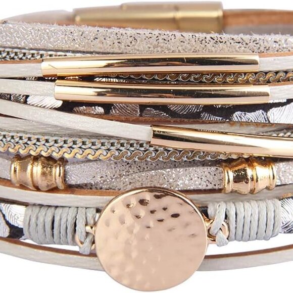 Leather Wrap Bracelet Women Gold Plated Crescent Cuff Bohemian Jewelry Gift - Picture 1 of 7